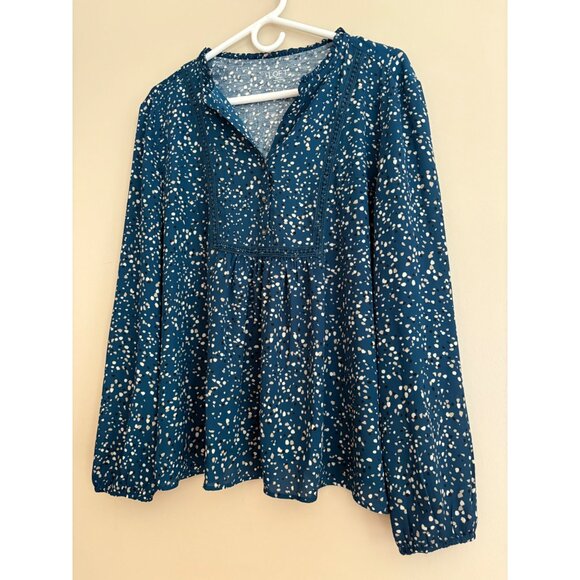 LOFT Blue Confetti Dot Long Sleeve Split Neck Smocked Casual Blouse Size XL - Picture 3 of 12
